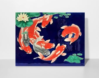 Koi Fish Ceramic Art Tile 11"x14" Hanging Wall Decor