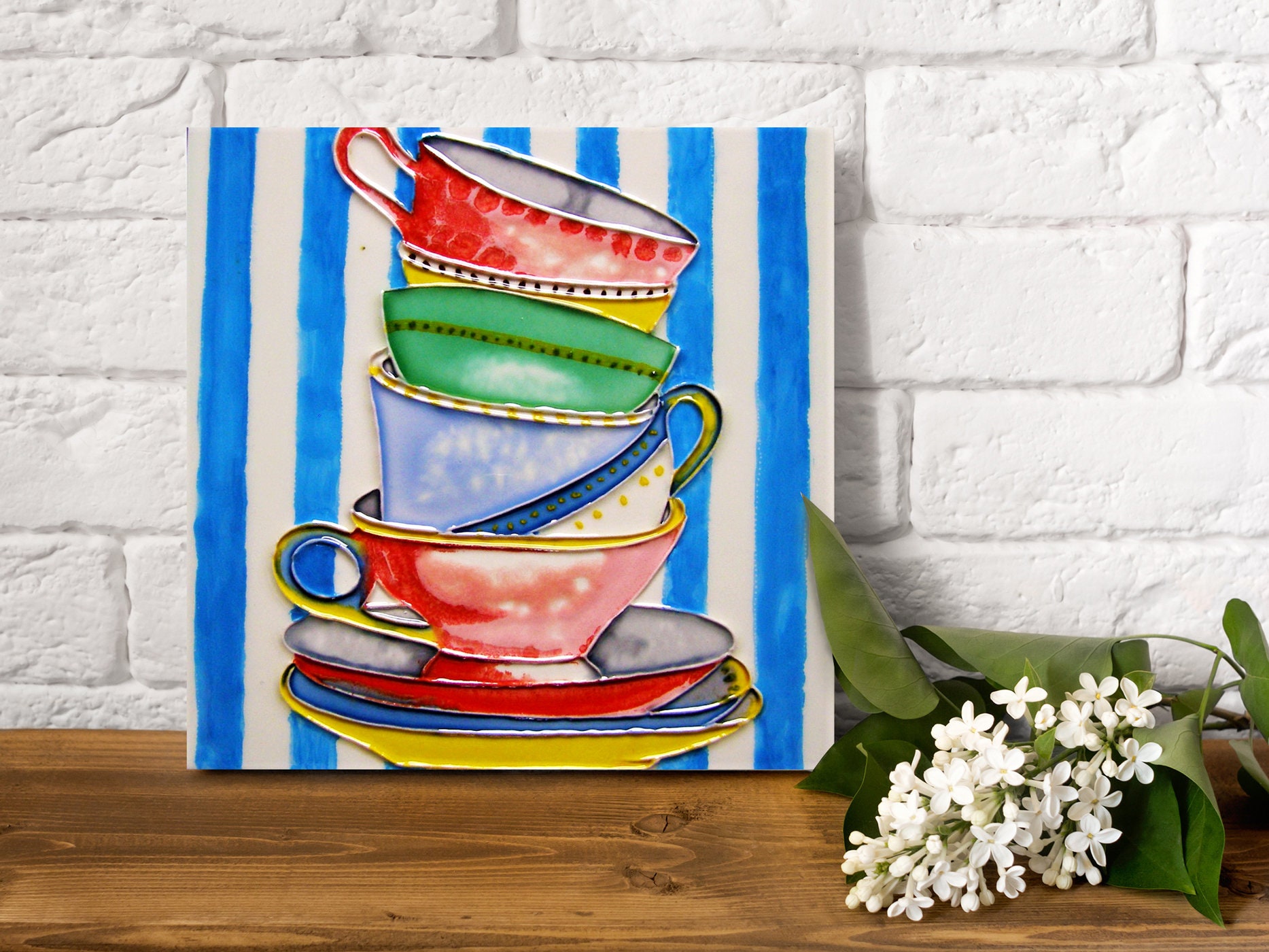 carrelage décoratif en céramique tea party art 20 x cm, plaque chauffante, dessous de plat, oeuvre d'art mural