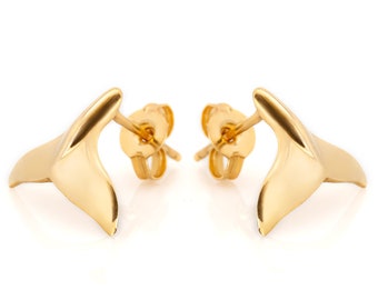 Gold Whale Tail Stud Earrings #009 - Solid 9K Gold, Ocean Jewelry, Whale Jewelry, Beach Earrings, Beach Wedding