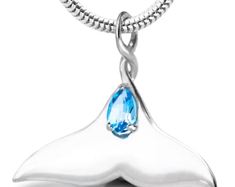 Whale Tail Necklace with Blue Topaz #001 - Whale Jewelry, Ocean Jewellery, Fluke Necklace, Australian Jewellery Sterling Silver or Gold