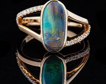 Maleny | Multicolored Australian Semi-Black Opal Ring, Australian Opal Jewelry, Unique One Of A Kind Jewelry, Fire Opal and Diamond Ring