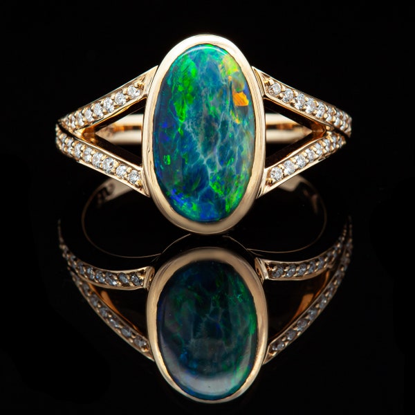 Allora | Blue-Green Australian Black Opal Ring, Australian Opal Jewelry, Unique One Of A Kind Jewelry, Fire Opal and Diamond Ring