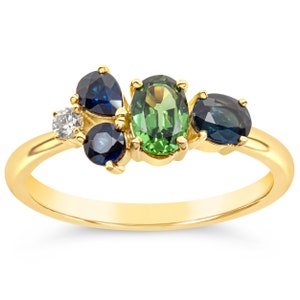 Cora | Australian Sapphire Cluster Ring, Australian Multi-Sapphire Ring with a Diamond, Unique Dainty Yellow Gold Ring, Multi-Stone Gift