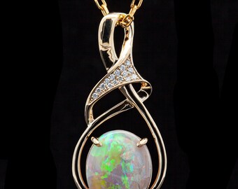 Beverly| Australian Fossil Shell Opal Necklace, Australian Opal Jewelry, Opal and Diamond Pendant, Gold Gifts for Her, Rainbow Colorful Opal