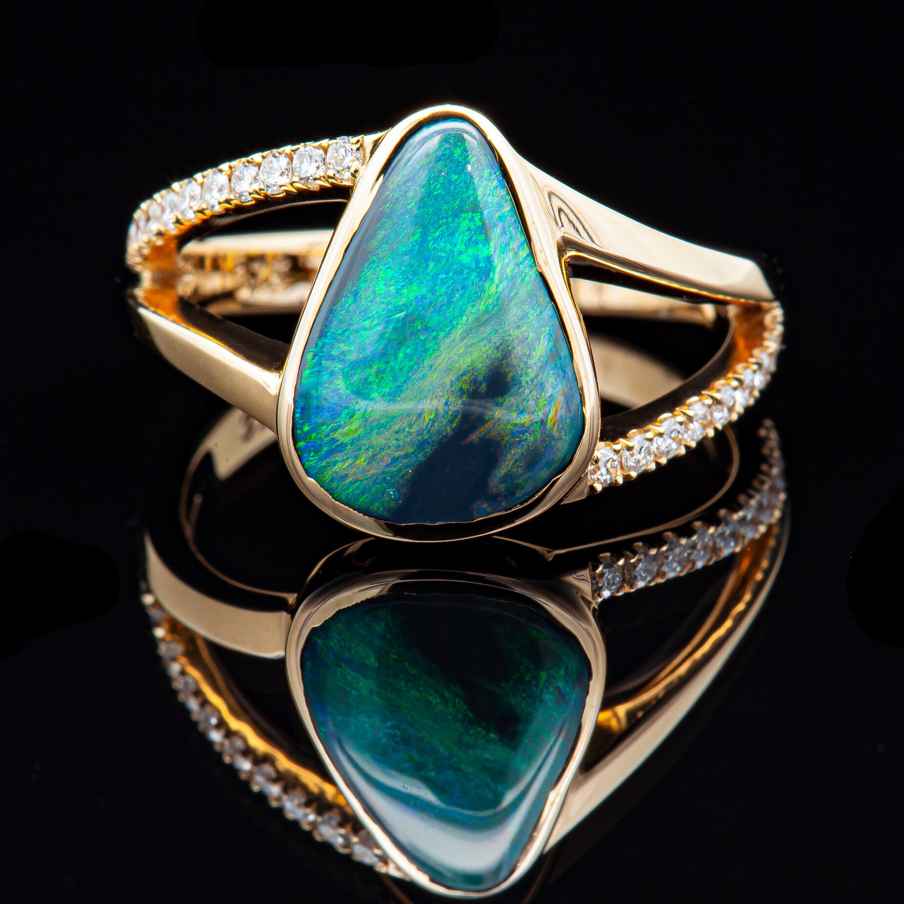Tara | Aqua Blue-Green Australian Black Opal Ring, Australian Opal Jewelry, Unique One Of A Kind Jewelry, Birthstone Opal and Diamond Ring