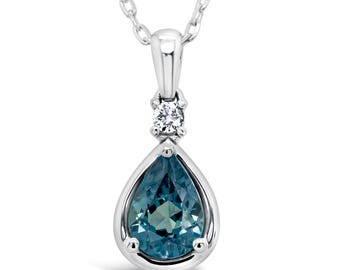 Mabelle | Australian Blue Sapphire Necklace, Pear Cut Sapphire Pendant, Elegant Parti Sapphire Necklace with a Diamond in White Gold