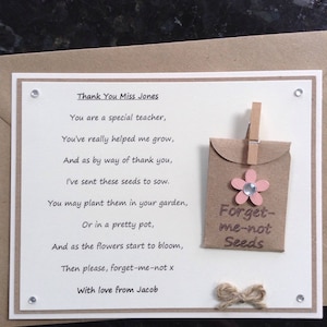 Special Teacher Personalised Thank You poem gift magnet with forget-me-not seeds. Choice of flower colour