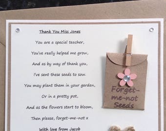 Special Teacher Personalised Thank You poem gift magnet with forget-me-not seeds. Choice of flower colour