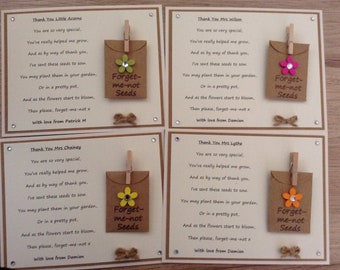 10 x Personalised Thank You poem gift magnet with forget-me-not seeds and a choice of flower colours. Teacher, Assistant, Childminder,School