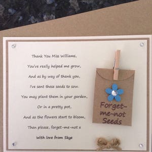 Personalised Thank You poem gift magnet with forget-me-not seeds and a choice of flower colours. Teacher, Assistant, Childminder, School