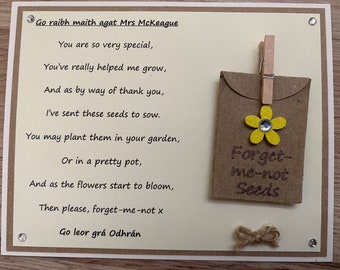 Personalised Irish Thank You poem gift magnet with forget-me-not seeds and a choice of 7 flower colours
