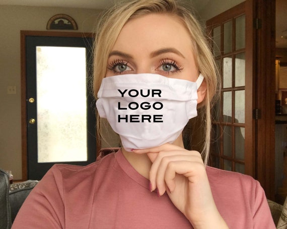 Custom Company Corporate Logo or Text Face Mask, 3 sizes avail with Filter Pocket, Top Wire for snug fit, Washable, White Only-FREE SHIPPING