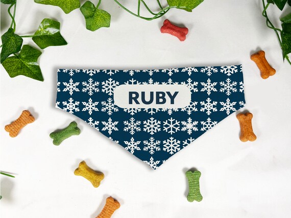 Winter Snowflakes Print Dog Bandana, Personalized Slide On Dog Bandana, Personalized Neckwear, Hand Made, Customized, Dog Scarf