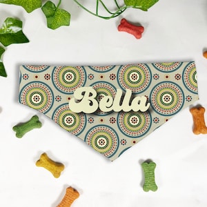 Circles Retro Printed Dog Bandana, Personalized Slide On Dog Bandana, Personalized Neckwear, Hand Made, Customized, Dog Scarf