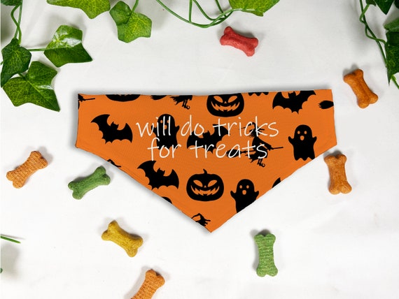 Tricks for Treats Halloween Print Dog Bandana, Personalized Slide On Dog Bandana, Personalized Neckwear, Hand Made, Customized, Dog Scarf