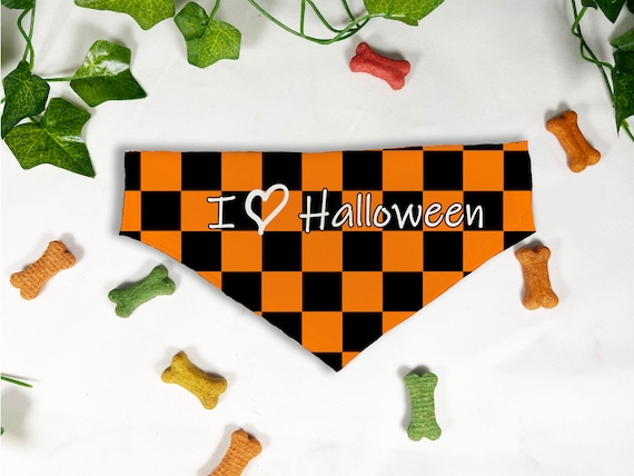 I Love Halloween Print Dog Bandana, Personalized Slide On Dog Bandana, Personalized Neckwear, Hand Made, Customized, Dog Scarf