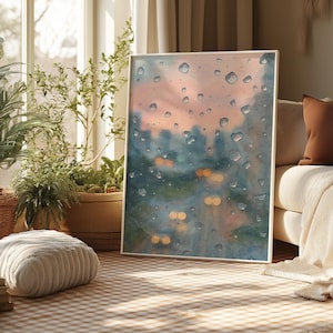 Rainy City Lights | Watercolor Raindrop Urban Print | Blurred City at Dusk Wall Art | Soft Aesthetic Digital Download
