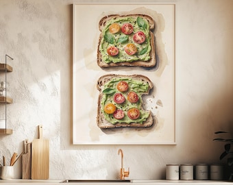 Aquarell Avocado Toast Kunst | Digital-Küchen-Druck | Gesundes Essen Illustration | Avocado Tomate Toast Dekor | Sofort Download