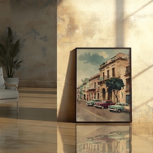 Havana Cuba Wall Art Print | Vintage Street Scene with Classic Cars, Colorful Buildings | Printable Travel Photography Decor
