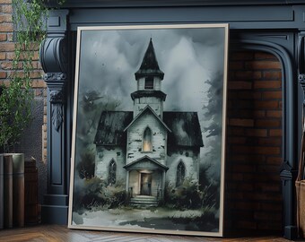 The Silent Sanctuary – Digital Download | Gothic Church Wall Art | Haunted Foggy Landscape | Spooky Moody Printable | Halloween Decor