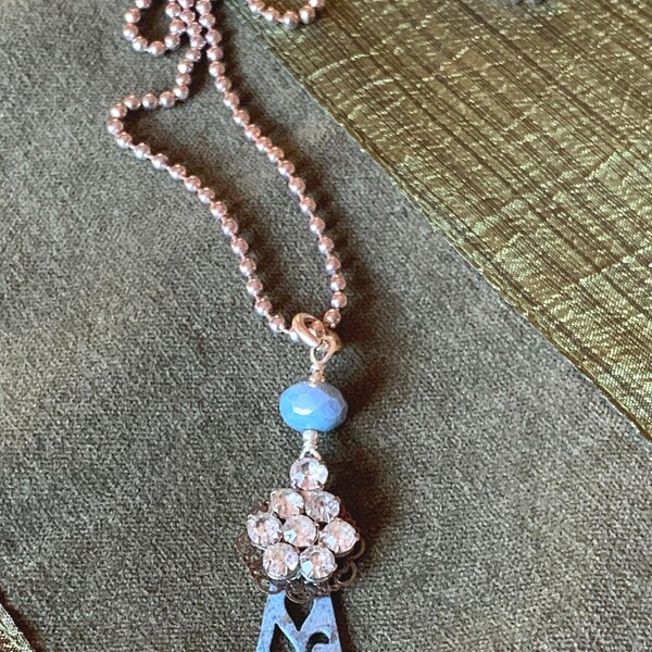 Repurposed Assemblage Necklace: Rhinestone, Floral Pendant, Blue Glass Bead; "Denim Diva"