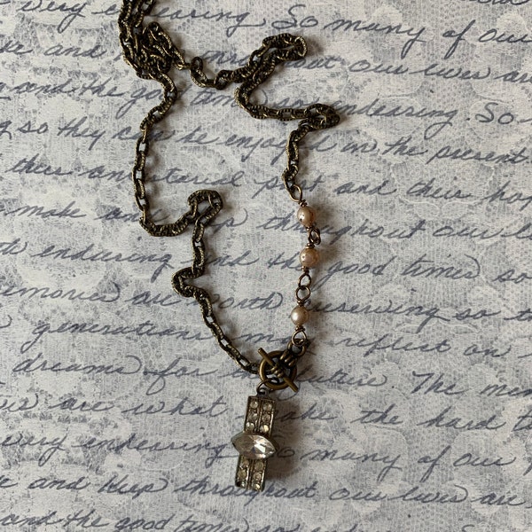 Boho Assemblage Necklace; Repurposed Vintage Jewelry; Romantic Upcycled Jewelry; Toggle Necklace; “Glint”