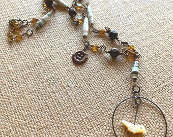 Handmade Paper Bead Necklace: Vintage Bird Earring Charm; "Snow Bird"