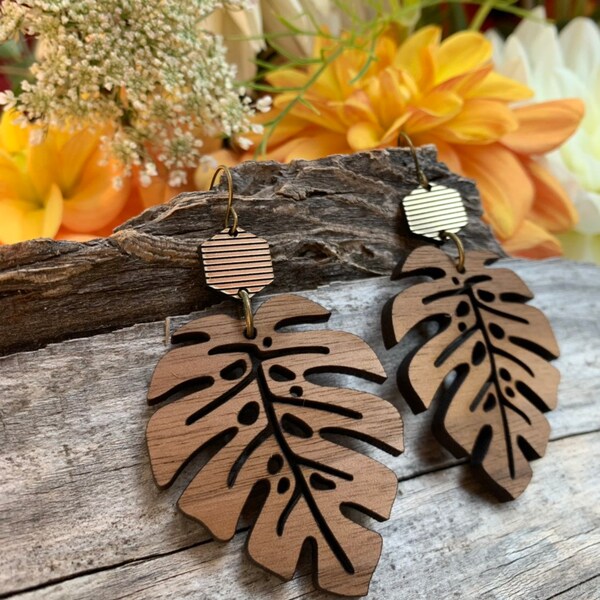 Wooden Earrings - Monstera Leaf