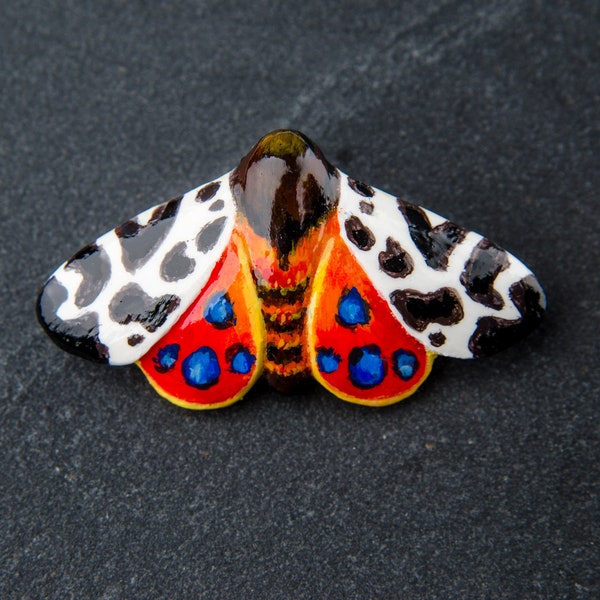 Butterfly Brooch Accessory. Spotted Black White Red and Blue Colorful Сlay Pin. Insect Moth Jewelry, Ready To Ship, 50 x 26 mm.