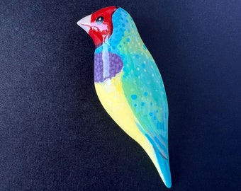 Bird Brooch Amadina Gulda, Bright Australian Bird Clay Pin, Gift For Bird Lover, Animal Bijouterie, 66 x 23 mm