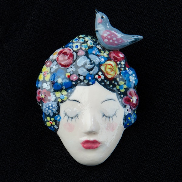 Head Of Doll Woman Brooch with Flower Hair and Bird, Tiny Girl Face Pin, Exclusive Handmade Creative Paperclay, 35 x 55 mm