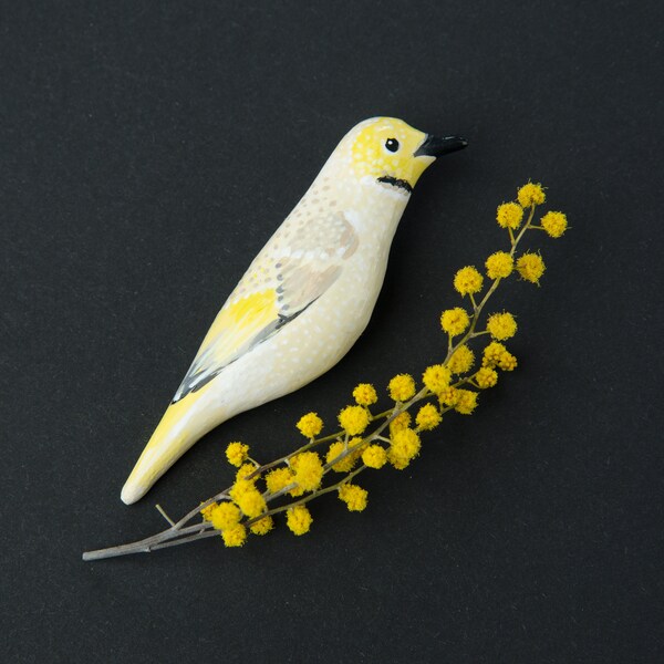 Bird Brooch Handmade exclusive, Exotic Beige with Yellow Bird Brooch, Creative Paperclay,  75 x 20 mm