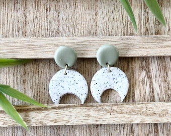 Clay Earring Minimalist Sage and White Granite - Boho Retro Statement Earrings, Mid Century Style, Small