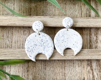 White Granite Crescent Clay Earrings - Boho Retro Statement Earrings, Mid Century Style, Large