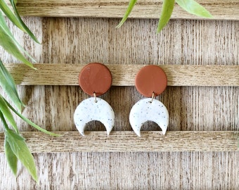 Polymer Clay Earrings, Terra-Cotta and White Granite, Boho Retro Statement Earrings, Mid Century Earrings