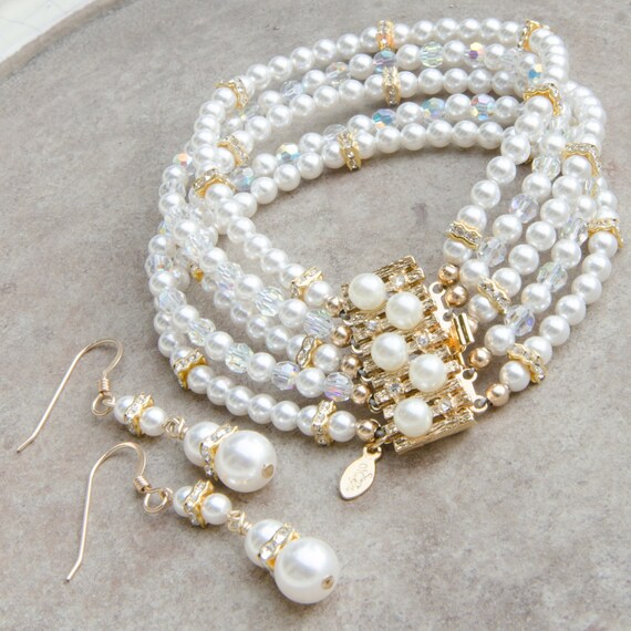Gold Bridal Jewelry Set White Pearl Wedding Jewelry Gold Etsy