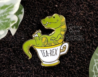 Tea Rex Hard Enamel Pin, Funny Dinosaur Pun Metal Pin