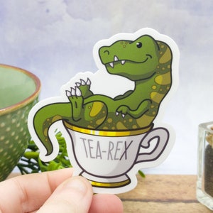 Cute T Rex, Funny Tea Rex, Adorable Dinosaur Pun 3 inch Vinyl Sticker