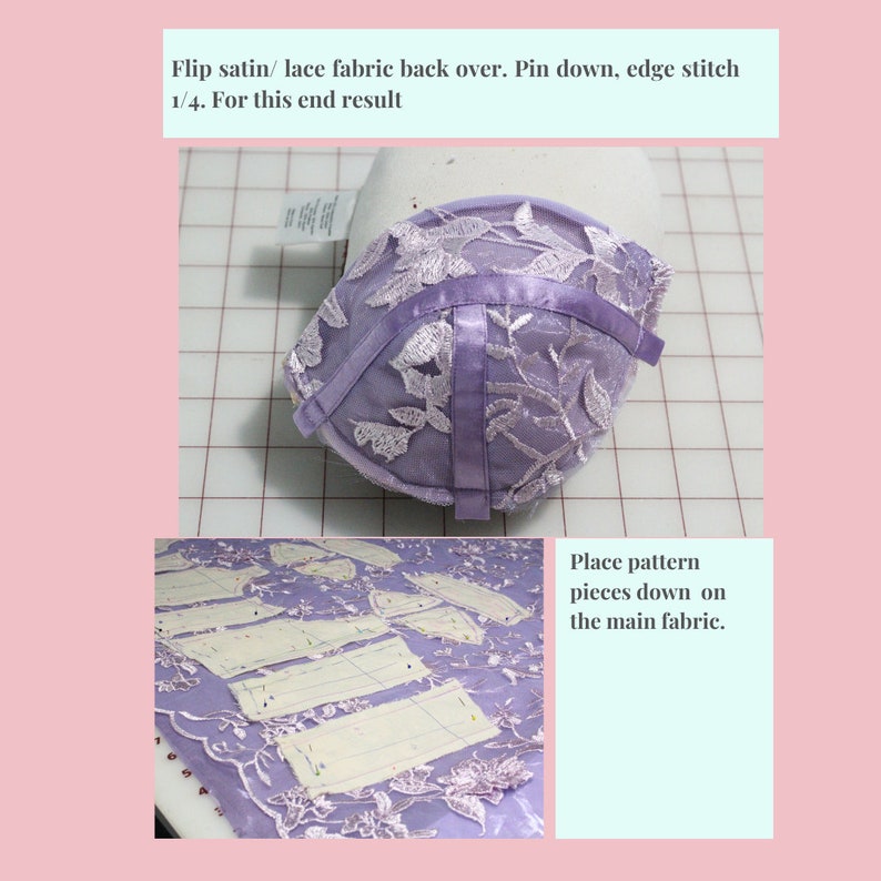 Pu&ograve; includere: Primo piano di un tessuto di pizzo viola con un nastro di raso cucito sopra. Il tessuto &egrave; fissato con spilli su una superficie bianca. Il testo "Flip satin/lace fabric back over. Pin down, edge stitch 1/4. For this end result" &egrave; visibile nella parte superiore dell'immagine. Il testo "Place pattern pieces down on the main fabric." &egrave; visibile nella parte inferiore dell'immagine.