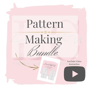 Peut inclure: Graphique rose et or avec le texte "Pattern Making Bundle" et une icône vidéo YouTube. Un guide de création de patrons blanc et gris est présenté avec le texte "Learn to Cut It Up! Patternmaking Bundle by Noma".