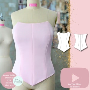 May include: A light pink Cosette bodice displayed on a mannequin. The bodice has a strapless design with a curved neckline and a pointed hem. The image includes a pattern diagram and a YouTube video instruction icon. Text on the image reads "Cosette Bodice Pattern & PDF Tutorial Sizes 0-22".