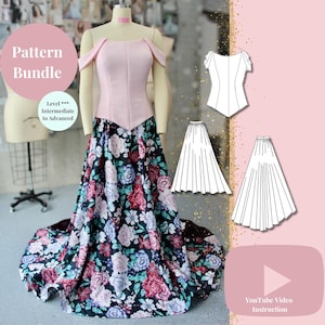 May include: A dress form displays a pink off-the-shoulder bodice and a floral print skirt. The skirt features a black background with large pink, red, and blue flowers. The image includes a "Pattern Bundle" graphic and sewing pattern diagrams. The text reads "Level *** Intermediate to Advanced".