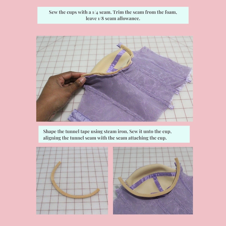 Pu&ograve; includere: Primo piano di una tazza di tessuto viola con un nastro di tunnel beige cucito attorno al bordo. Il nastro di tunnel &egrave; modellato usando un ferro da stiro a vapore. Il testo "Cuci le coppe con una cucitura di 1/4 di pollice. Rifila la cucitura dalla schiuma, lascia un'asola di cucitura di 1/8 di pollice." &egrave; visibile nella parte superiore dell'immagine. Il testo "Modella il nastro di tunnel usando un ferro da stiro a vapore. Cucilo sulla tazza, allineando la cucitura del tunnel con la cucitura che fissa la tazza." &egrave; visibile nella parte inferiore dell'immagine.