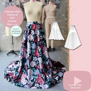 May include: A floral print skirt on a mannequin, part of a sewing pattern tutorial. The skirt features a dark background with large pink, red, and blue flowers. The image includes text: "Charlotte Skirt Pattern & PDF Tutorial Sizes 0-22 Level *** Intermediate to Advanced".