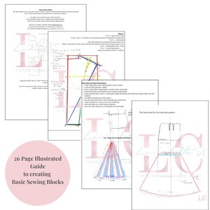 以下が含まれることがあります： 基本的な縫製ブロックを作成するための26ページのイラスト付きガイド。このガイドには、スカートのパターンを作成するための図と手順が含まれています。テキストには、「Couture Fashion Design」という単語が含まれています。