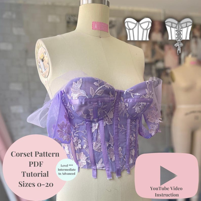 Modello di cucito per corsetto / Taglie 0-20, coppe A-DD (modello PDF) immagine 1
