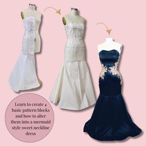 以下が含まれることがあります： 甘いネックラインのマーメイドスタイルのドレスを作るためのステップバイステップガイド。画像は、基本的なパターンブロックが付いたマネキン1体、フィットしたマーメイドドレスが付いたマネキン1体、ネイビーブルーにゴールドの刺繍が施された完成したマーメイドドレスが付いたマネキン1体の3体を示しています。