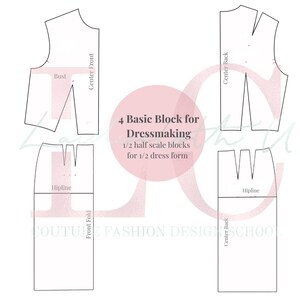 以下が含まれることがあります： 半分のスケールのドレスフォーム用の基本的なドレスメイキングブロック4つ。ブロックは、ボディスの前身頃と後身頃、スカート用です。画像には、バスト、ヒップライン、センターフロント、センターバックのマークが含まれています。