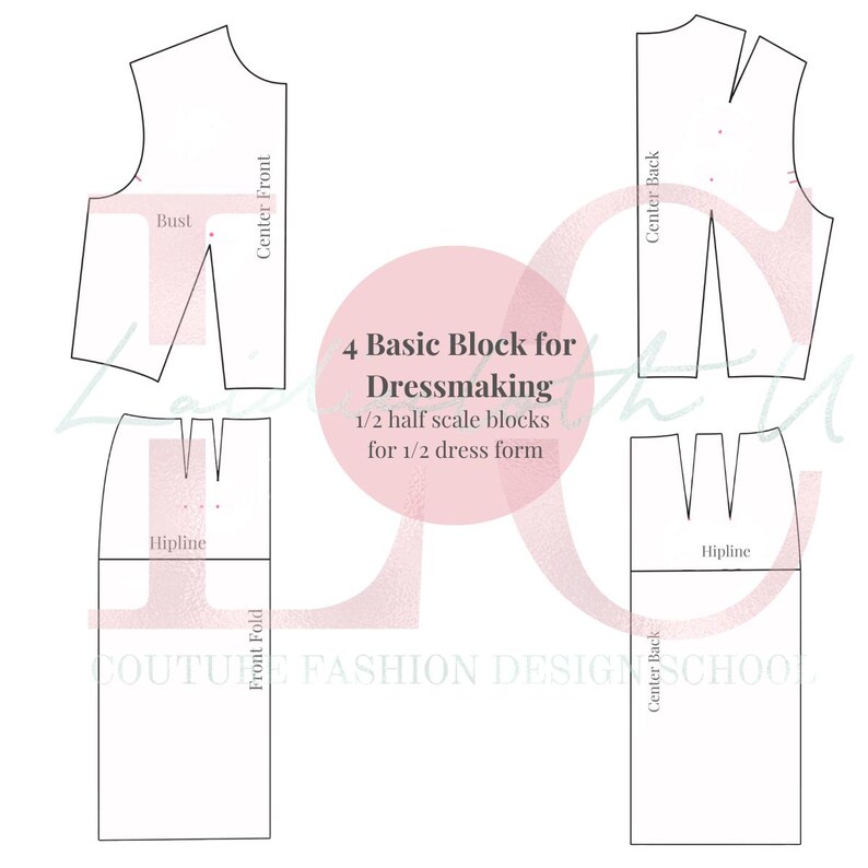 以下が含まれることがあります： 半分のスケールのドレスフォーム用の基本的なドレスメイキングブロック4つ。ブロックは、ボディスの前身頃と後身頃、スカート用です。画像には、バスト、ヒップライン、センターフロント、センターバックのマークが含まれています。
