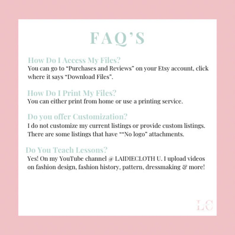 以下が含まれることがあります： ピンクとグリーンのFAQページで、大きな太字で「FAQ'S」というテキストが表示されています。このページでは、提供されている製品に関連するアクセス、印刷、カスタマイズ、レッスンに関するよくある質問に対する回答を提供しています。